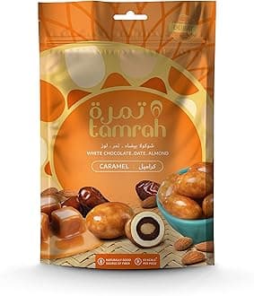 – Tamrah Caramel Chocolate Dates and Almonds Zipper Bag 100gm. Ideal for Sharing, Gifting, Kids’ chocolate, Perfect for any Occasion.