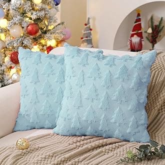 DFXSZ Christmas Tree Pillow Covers 20x20 inch Set of 2 Christmas Decoration Blue Soft Plush Faux Fur Jacquard Throw Pillows for Bedroom Sofa Holiday Festivals Winter Home Decor PTK006F20