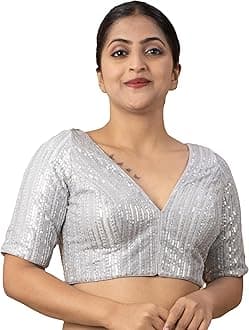 FIGURE'S DESIGNER Women's Sequin V Neck Elbow Half Sleeve Readymade Saree Blouse E1