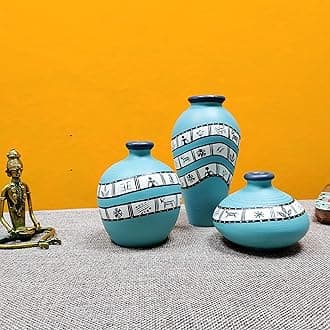 ARTYSTA BEAUTIFYING LIVES Earthenware 'Warli Turquoise' Blue Handpainted Terracotta Oblong Flower Vase, Terracotta Decorative For Home Decor Earthen Flower Vases Pots For Home & Office (Set Of 3)