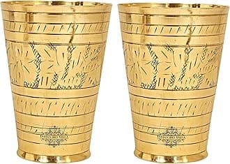 INDIAN ART VILLA Set of 2 Brass Lassi Glass with Embossed Design, Drinkware & Serveware for Lassi, Milk, and Water, Height-5" Inches, Volume-550 ml