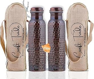 Craft Trade Pure 100% Copper Water Bottle 34 Oz,1 ltr Fitness Bottle for Drinking, Ayurveda Inspired Vessel for Wellness Hammered Finish with Jute Bag Leak-Proof, BPA-Free, 2 Pk