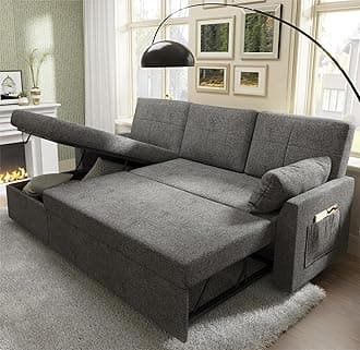 Papajet Sofa Bed, 2 in 1 Sofa Sleeper with Storage Chaise-Pull Out Couch Bed for Living Room, Sleeper Couch with Pull Out Bed Grey