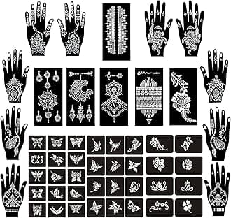 PADOUN Temporary Tattoo Stencils Kit - 19 Sheets Butterfly, Flower, and Henna Stencils for Hands Body Paint, Glitter, Airbrush, and DIY