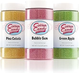 Cotton Candy Express Floss Sugar Variety Pack with 3-11oz Plastic Jars of Bubble Gum, Green Apple, Pina Colada Flossing Sugars. Use With Cotton Candy Express Countertop Machine