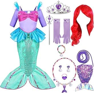 Deluxe Mermaid Costume Set with Red Wig and Headband, Dressing up Kids Party Fancy Dress Halloween Cosplay Childs Holiday Birthday Outfit