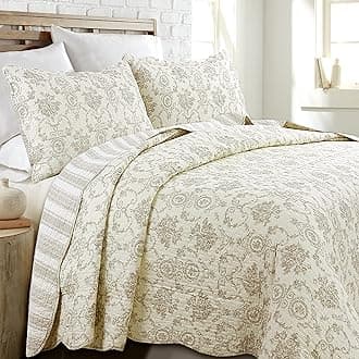 Cozy Line Home Fashions French Medallion 100% Cotton Bedding Quilt Set, Beige Ivory Rose Flower Reversible Coverlet Bedspread (Cream Eggnog, Queen -3 Piece)