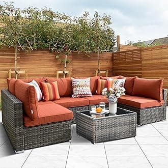 HOOOWOOO Patio Outdoor Sectional Furniture Sofa Set,7 Piece U Shaped Corner Wicker Rattan Couch Set,Rustic 6 Persons Summer Patio Conversation Set for Outside Porch Deck Garden(Orange Red)