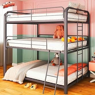 New Upgrade & Stronger Metal Triple Bunk Bed, Heavy Duty Steel 3 Bed Bunk Beds with Ladder & Guardrail for Kids Adults Teens Boys, No Box Spring Need, Black (Twin Over Twin Over Twin Size)