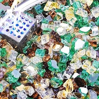 NUPICK 20 Pound Fire Glass, 1/2 Inch Reflective Fire Pit Glass, Tempered Firepit Glass Rock for Propane or Natural Gas, Glass Rocks for Fire Pit Table or Fireplace, Gold & Green & Copper Mix