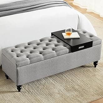 Busaurus Storage Ottoman Bench 50.2 Inches, Upholstered Fabric Storage Ottoman Bench with Safety Hinge, Large Storage for Living Room, Entryway, Bedroom End of Bed Bench (Grey with Tray)