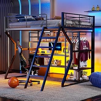 Gaming Loft Bed Full Size, Metal Loft Beds with Desk & Storage Shelves, Open Wardrobe, Heavy-Duty Full Loft Bed Frame with Light & Charging Station for Adults Teens Boys Girls, Black