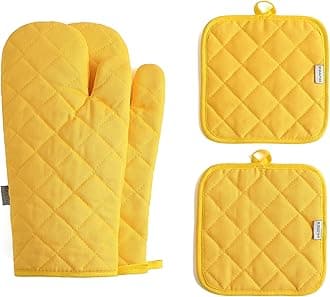 Oven Mitts and Pot Holders 4 pcs Set,High Heat Resistant 500 Degree Extra Thicken Long Kitchen Cotton Oven Glove for Cooking (12 Inch,Yellow)