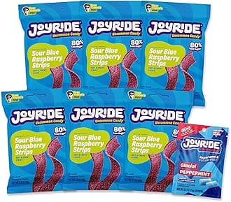 JOYRIDE Blue Raspberry Sour Strips - 3.5 oz 6-Pack Bundle with 2.5oz Glacial Peppermint Gum, Low Sugar, Sour Belt Candy, Dye Free, Low Calorie Snacks, Healthy Candy (7 Items)