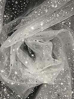 New Creations Fabric & Foam Inc, 58/60" Wide Starburst Silver Foil on White Sheer Organza Fabric by The Yard