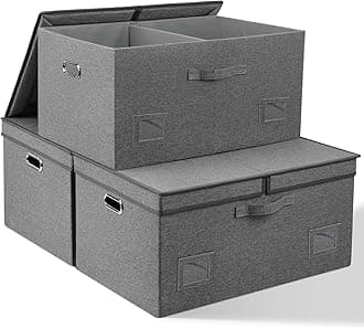 75 Quarts Extra Large Decorative Storage Bins with Lids, 3 Packs Gray Collapsible Storage Bins with Lids, Stackable Storage Bins Decorative Box Storage With Lid Extra Large