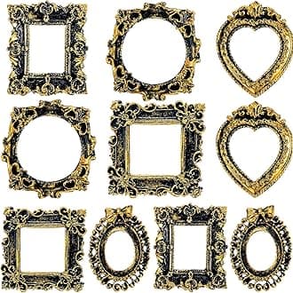 Vicenpal 10 Pcs Vintage Mini Picture Frames Baroque Antique Small Resin Jewelry Display Table Frame for Christmas DIY Photo Holiday Party Decoration (Black Gold)
