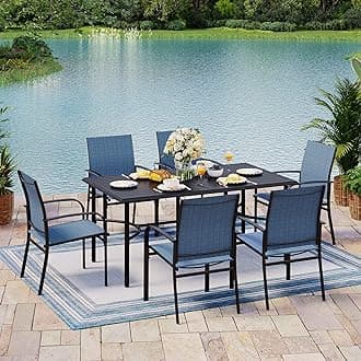 7-Piece Outdoor Dining Set 6 Blue Textilene Chairs and Steel Rectangle Table with 1.97” Umbrella Hole for Deck Garden Backyard Lawn Poolside