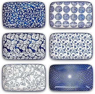 Selamica Ceramic 9.5 Inch Large Rectangular Salad Plates, Dinner Plates, Pasta Dessert Plates Serving Platters and Trays for Appetizer, Sushi, Fruit, Set of 6, Vintage Blue