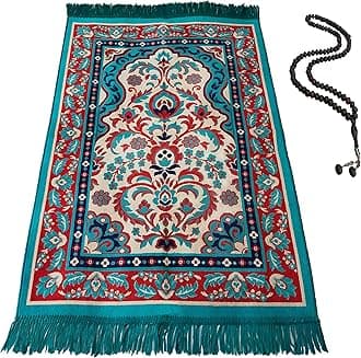 Muslim Prayer Rug-Islamic Turkish Velvet Rugs-Great Ramadan Gifts-Janamaz Prayer Mat Women Men-Islam Carpet-Portable Muslims Mats-Praying Rugs Islam-Sajadah-Gift Prayer Beads 99