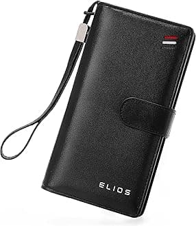 Elios Women's Large Capacity Pu Leather Snap Closure Clutch Wallet Card Phone Holder Organizer Ladies Purse With Wrist Strap, Black