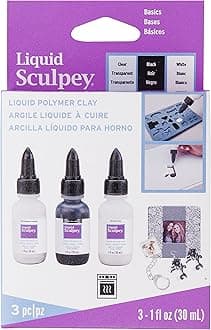 Polyform Liquid Sculpey Liquid Polymer Oven-Bake Clay, Classic Sampler Pack, Three 1 oz. bottles included, White, Black and Clear colors, Great for jewelry, holiday, DIY