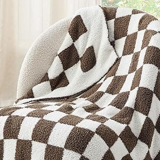 Bedsure GentleSoft Checkered Throw Blanket for Couch - Super Soft Cozy & Warm Knit Brown Blanket, Breathable, Lightweight & Fluffy Plaid Blankets for Bed,Sofa, Gifts for Women Men, 50x60 Inches