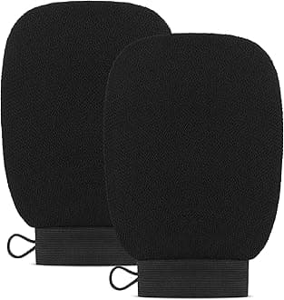Exfoliating Glove Body Scrubber - Exfoliating Mitt Dead Skin Remover, Shower Face and Body Exfoliator - Korean Style Skin Scrubber Washcloth - Spray and Self Tan Remover, Pair Black