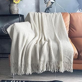 LOMAO Knitted Throw Blanket with Tassels Bubble Textured Lightweight Throws for Couch Cover Home Decor (Cream, 50x60)
