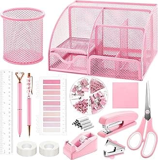Fayoo 11 Pcs Pink Office Supplies Set Mesh Desk Organizer Accessories Kit include Stapler Tape Dispenser Staple Remover Clips Ruler Scissors Sticky Notes for Office School Home Women (Pink)