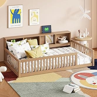 Kids Montessori Floor Bed with Bookcase,Twin XL Size Floor Bed with Charging Station,Floor Bed Frame with Guardrails for Kids,Floor Bed Twin XL with Storage for Girls,Boys,Brown