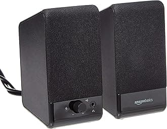 Amazon Basics USB-Powered Computer Speakers with Volume Control for Desktop or Laptop PC, Compact Size, Headphone Jack, Portable, Plug-N-Play, Black