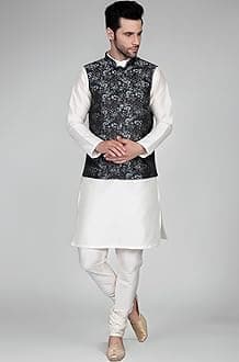 Ethluxis® Men's Silk Blend Kurta Churidar Pyjama with Ethnic Bundi Jacket Set