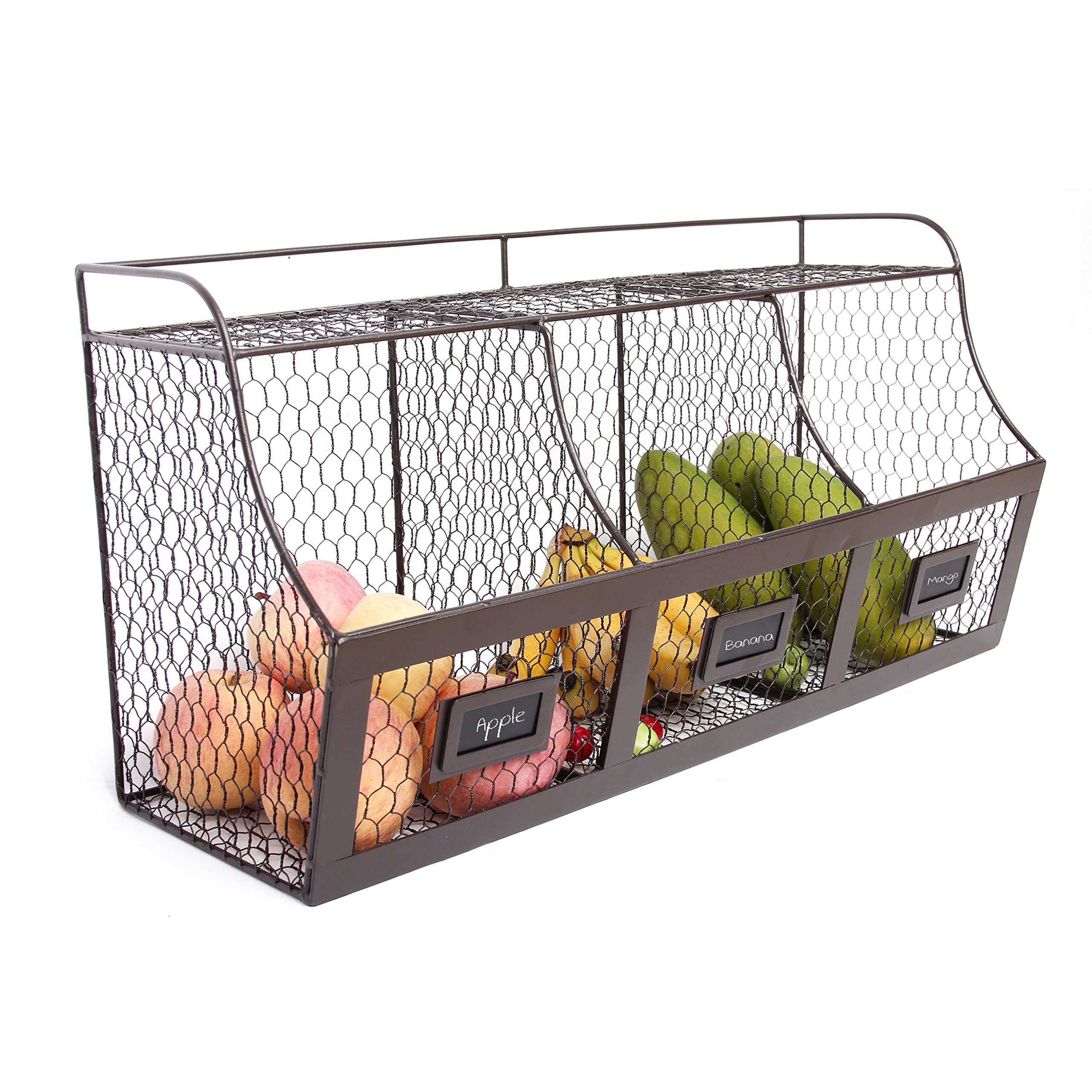 Large Rustic Wall Mounted Brown Metal Wire Hanging Fruit Basket,Storage Organizer for kitchen,barthroom,livingroom, Wash room,office and shop with three Chalkboards