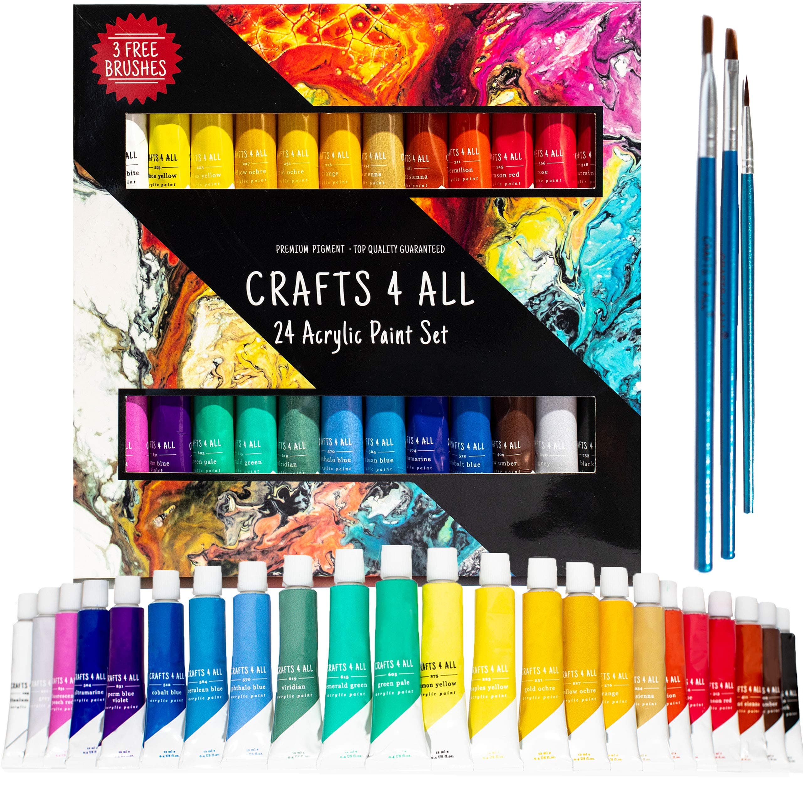 Crafts 4 ALL Acrylic Paint Set - 24 Acrylic Paints for Canvas, Wood, Ceramic, Fabric - Non-Toxic, Vibrant Pigments for Beginners and Professional Artists - Art Supplies Gifts for Youth and Adults