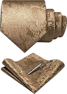 Mens Solid Color Paisley Necktie and Pocket Square with Tie Clip Sets