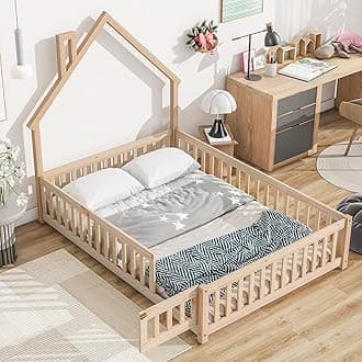Full House Floor Bed with Full-Length Guardrails, Wooden Montessori Bed Frame with House-Shaped Headboard and Gate Door for Girls Boys, Natural