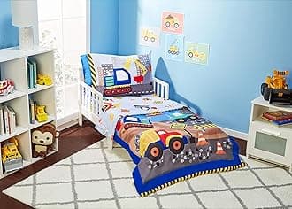 EVERYDAY KIDS 4 Piece Toddler Bedding Set - Under Construction - Includes Comforter, Flat Sheet, Fitted Sheet and Reversible Pillowcase