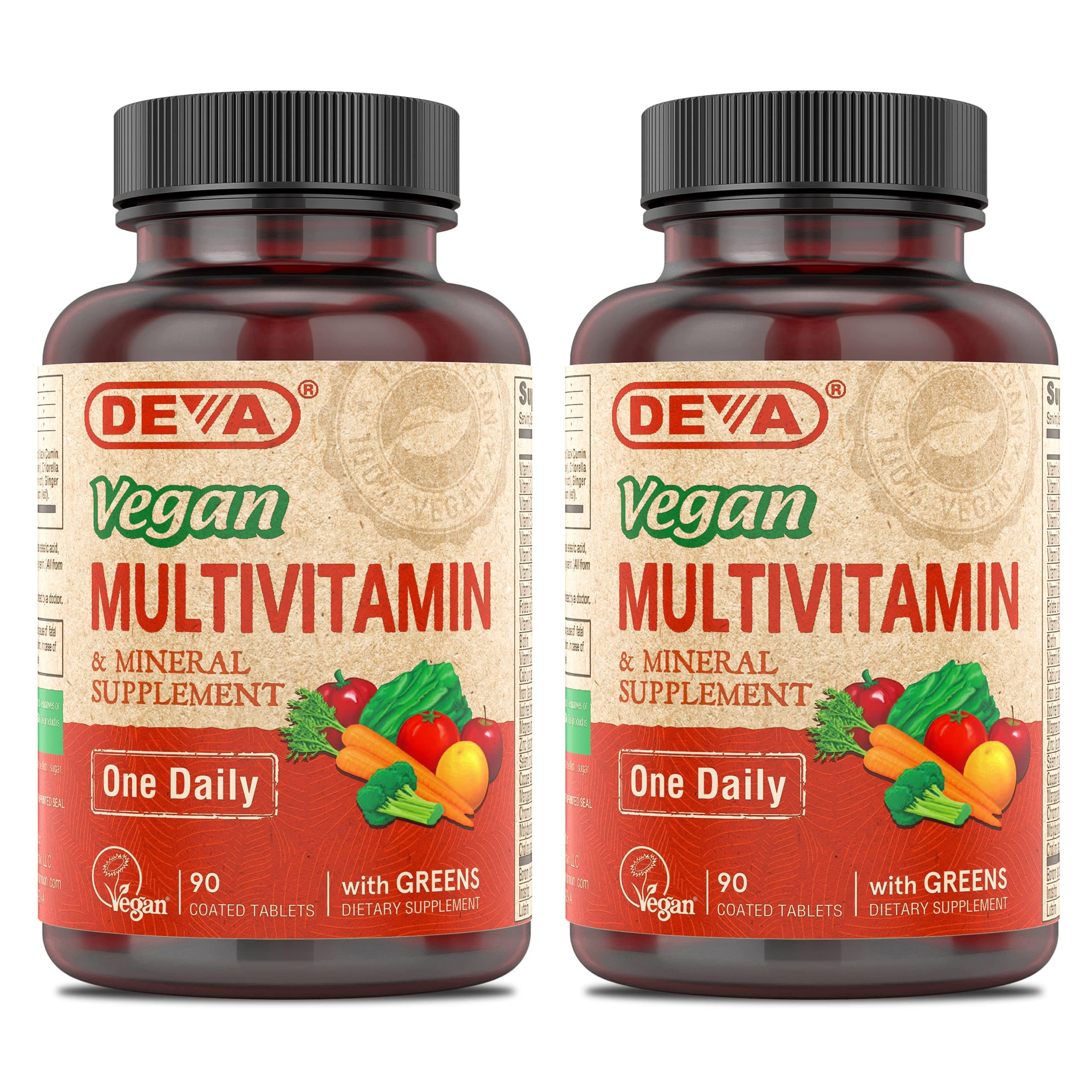 DEVA Vegan Multivitamin & Mineral Supplement with Iron 2-Pack, Spirulina, Chlorella, Ashwagandha, Broccoli & More, 90 Coated Tablets Each