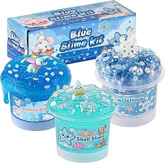 3 x 100mL Blue Slime Kit for Girls & Boys: Includes Clear, Water & Crunchy Slime, Sensory Experience DIY Slimes Set, Slimes Party Favors for Kids Birthday Easter Halloween Teens Gift