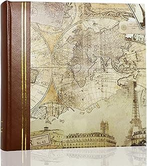 Holoary Photo Album 4 x 6 200 Photos 2 Pictures Per Page, Memo Writing Area for Each Pocket, Faux Leather Spine and Printed Old Map Vacation Design Brown
