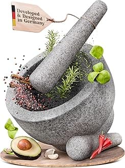 ChefSofi EXTRA Large 20cm 5 Cup-Capacity Mortar and Pestle Set - One Huge Mortar and Two Pestels: 22cm and 17cm - Unpolished Heavy Granite for Enhanced Performance and Organic Appearance