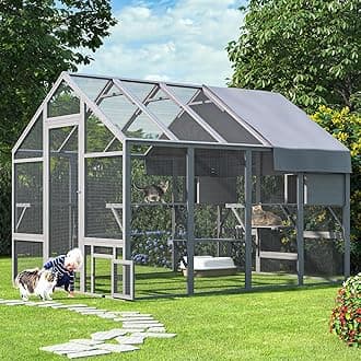Catio Outdoor Cat Enclosure, Large Cat Catio for Multiple Cats with 7 Platforms, 2 Resting Box and 2 Bridges, Wooden Cat House Cage with Waterproof and UV Proof Cover, 71 x 71 x 97 inch