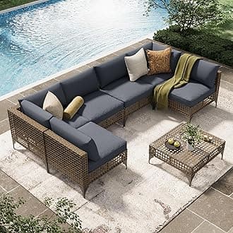 U-MAX 7-Piece Patio Furniture Set with Tea Table, Boho Outdoor Furniture Set Sectional Sofa Wicker Conversation Set with Dark Brown Rattan&Dark Grey