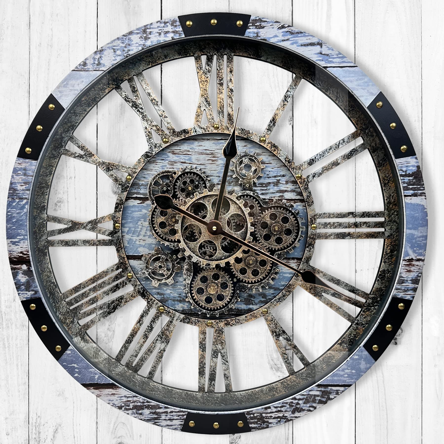 24" Large Wall Clock with Moving Gears,Oversize Vintage Rustic Country Tuscan Style Ocean Clocks for Living Room Home Office Decor,Solid Wood HD Tempered Glass Cover,Aqua Green