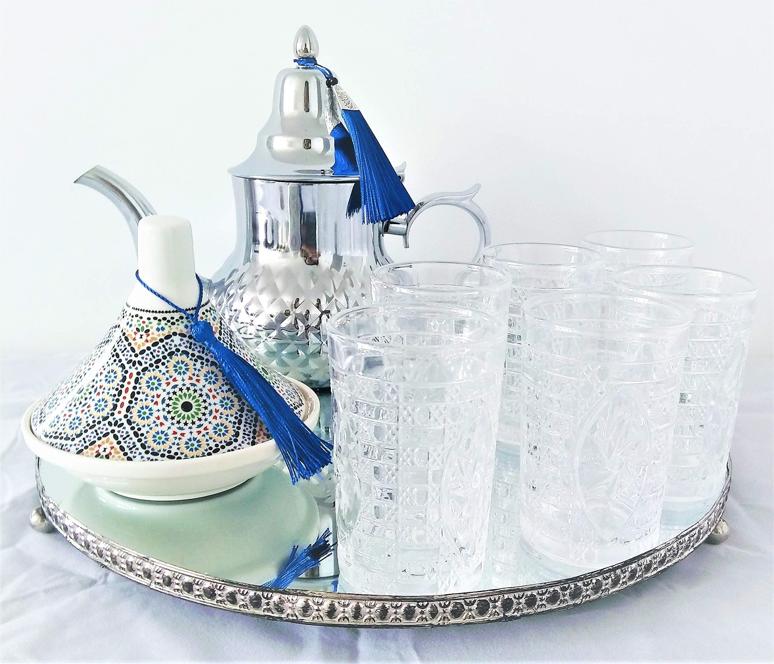 Mystery Souk Complete Moroccan Tea Set with 6 Glasses, One Plate and One Tagine with Arabic Mosaic Decor