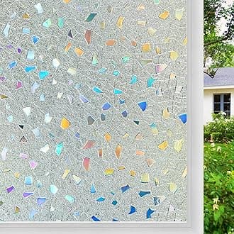 Coavas Stained Glass Window Privacy Film 3D Rainbow Decorative Heat Control UV Blocking Non-Adhesive Removable Vinyl Film Window Tint for Bathroom Door Covering, Pure, 23.6 x 157.5 inch