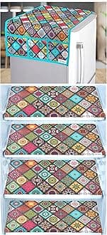 Heavy Quality Jute Refrigerator Cover 1Pc Fridge Cover for Top with 6 Utility Pockets + 4 Fridge Mats