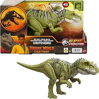 Jurassic World: Chaos Theory Netflix - Wild Roar Ceratosaurus Dinosaur Figure with Continuing Snapping Chomp Attack & Roar Sound, Posable Toy & Digital Play, Ages 4 Years & Up, HTK74