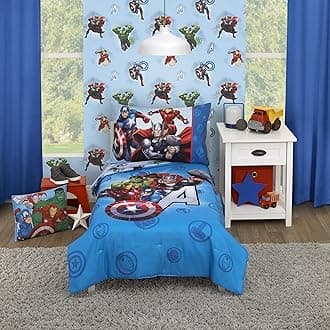 Marvel Avengers Fight The Foes Blue, Red, Green Hulk, Iron Man, Thor, Captain America 4 Piece Toddler Bed Set - Comforter, Fitted Bottom Sheet, Flat Top Sheet, and Reversible Pillowcase
